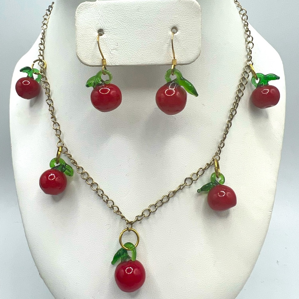 Blown Glass Cherry Necklace Earring Set